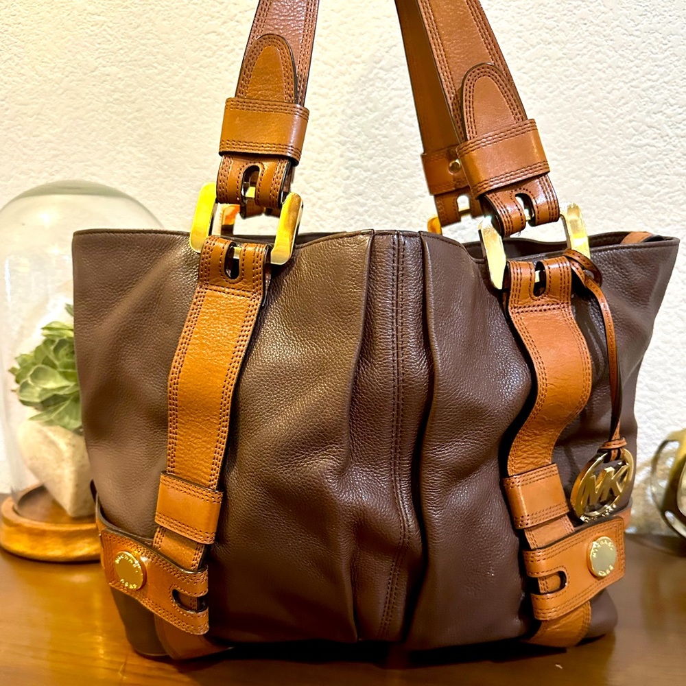 Michael Kors Large Harness Grab Bag Brown and Tan Leather Tote Bag/Work Bag - Picture 2 of 14
